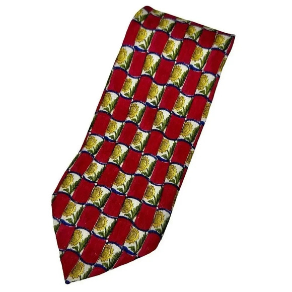 Ermenegildo Zegna Red Blue Gold Sunflowers Abstract 100% Silk Neck Tie Italy 59” - Picture 1 of 11